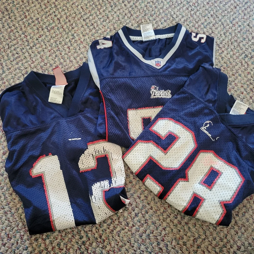 3 well worn New England classic player's youth jerseys